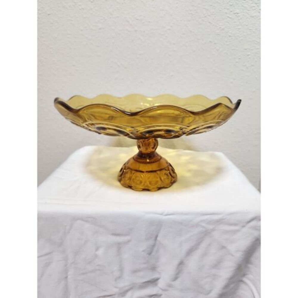 LE Smith Moon & Stars Amber Glass Dessert Stand Compote with Scalloped Edge MCM